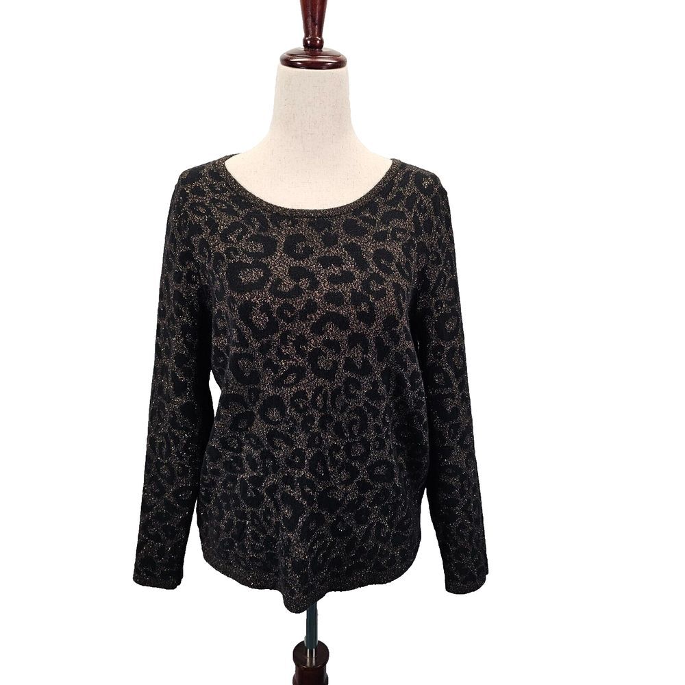 Chico's Sweater Size 2 Large Round Neck Cheetah Pattern Classic Thin Stretch EUC